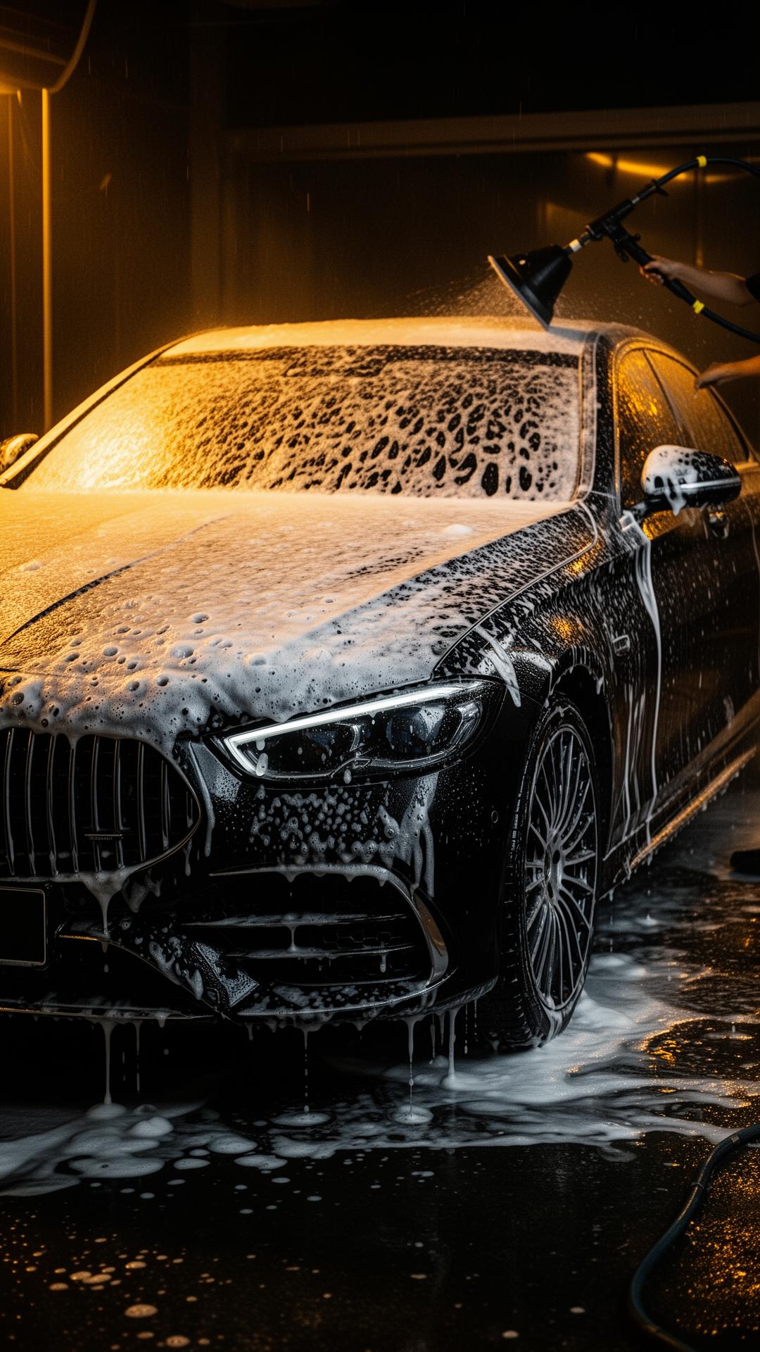 Black luxury car foam wash by Cordero