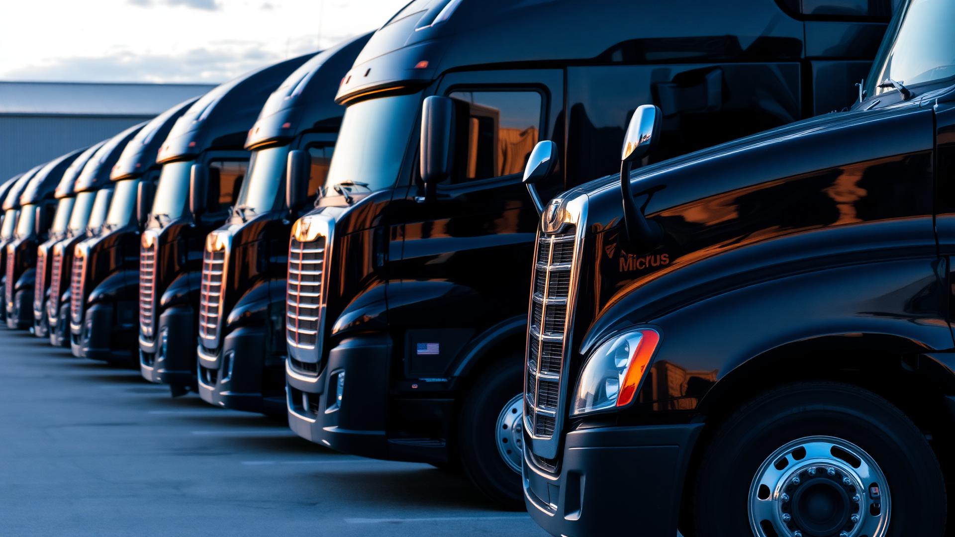Detailed fleet of semi-trucks lined up in Arlington, TX